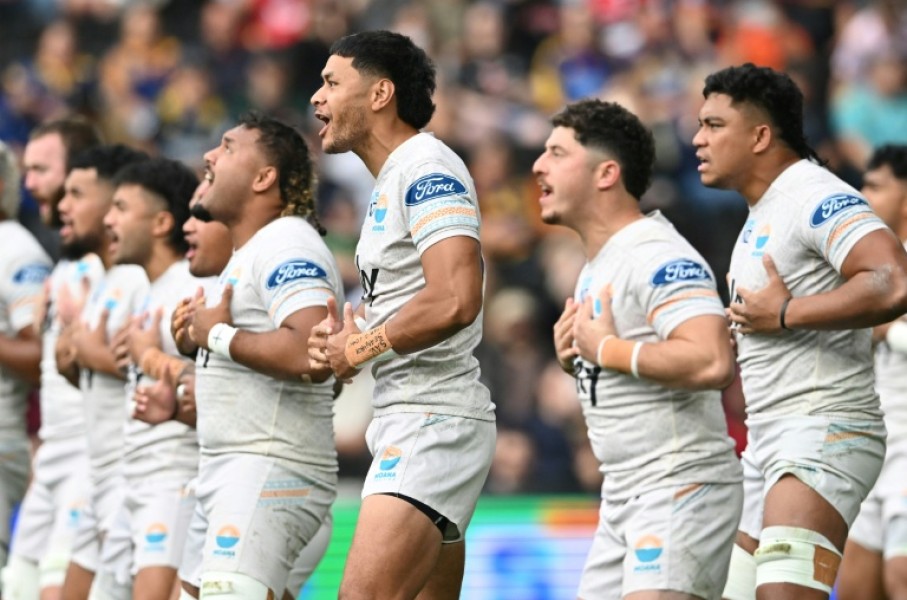 Moana Pasifika's players perform the Tau Moana before the Super Rugby match against the Otagao Highlanders in April this year