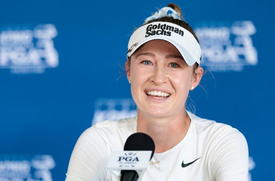 World number one Nelly Korda talks to reporters before the Women's PGA Championship, where she's chasing a third straight major title