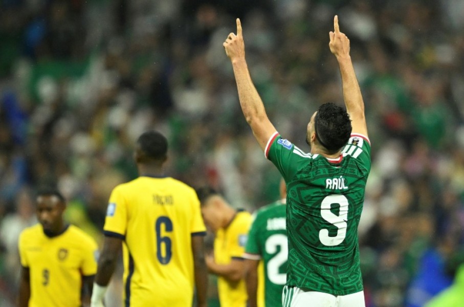 Mexico forward Raul Jimenez celebrates scoring against Ecuador in the World Cup round of 32 at the Azteca Stadium