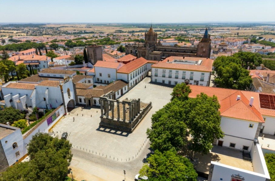 An aerial view of the Temple of Diana, which along with the streets of Evora emptied in the afternoon