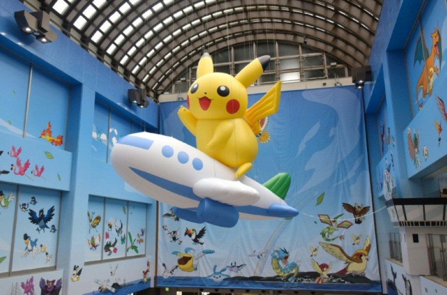 A "Pikachu" balloon is displayed at the Noto Airport in Wajima City