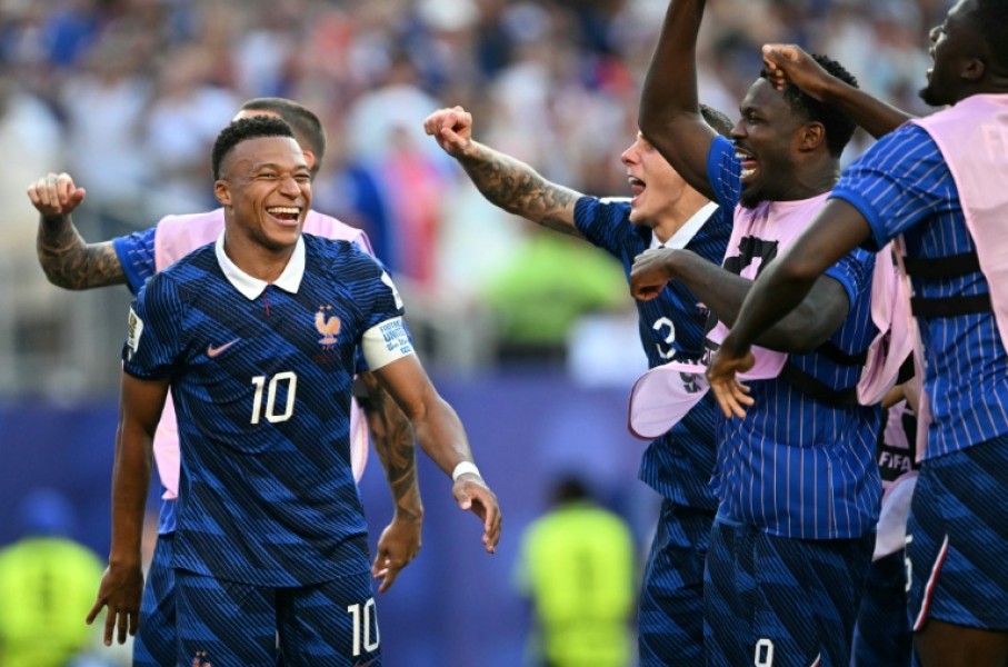 Kylian Mbappe celebrates with his teammates after France beat Paraguay in the last 16 of the World Cup last weekend