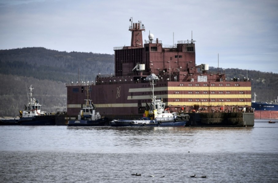 Floating power unit (FPU) Akademik Lomonosov is being towed to Atomflot moorage of the Russian northern port city of Murmansk on May 19, 2018