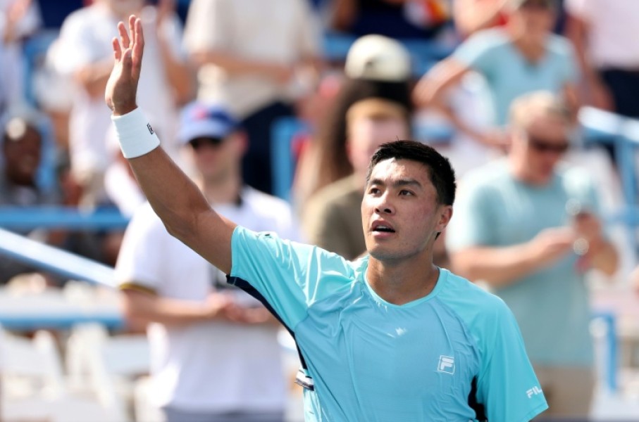American Brandon Nakashima celebrates after defeating top-seeded defending champion Alex de Minaur of Australia in the Washington Open quarter-finals