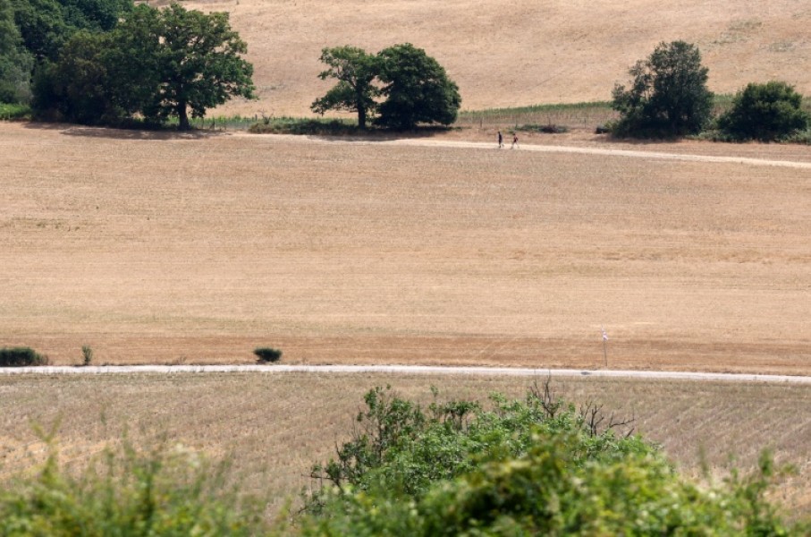 People walk on a dirt track between dry fields, turned brown from the heat of the sun near Guildford, southwest of London