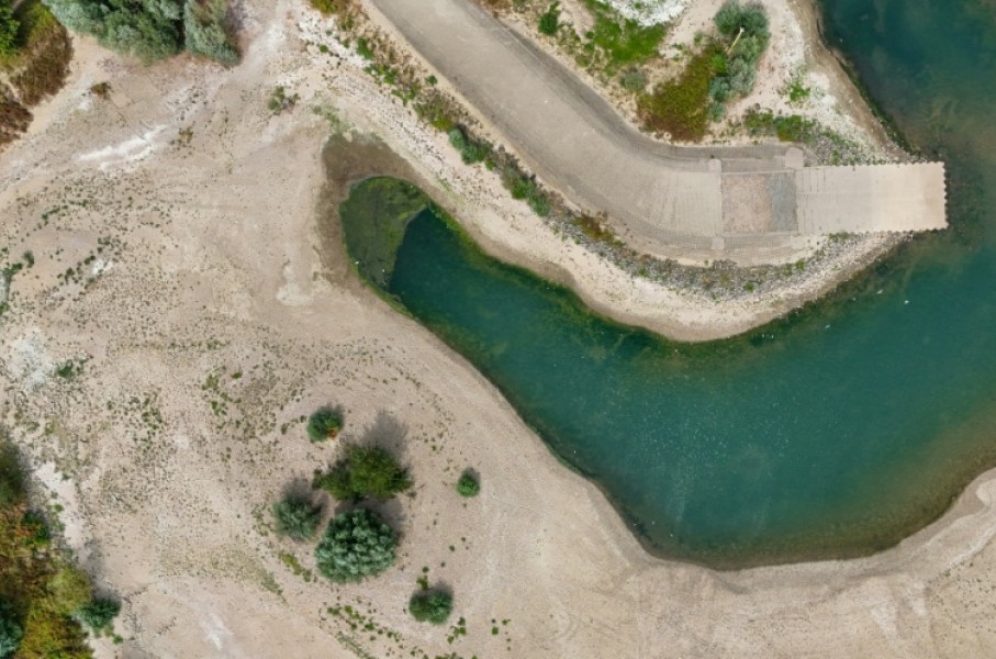 The partially dried-up river bed of the Rhine in Duisburg, western Germany on August 3, 2026, 2026, following exceptionally hot weather