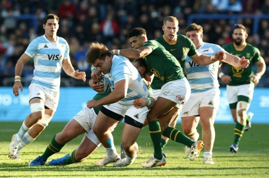 Argentina prop Tomas Rapetti is tackled during a one-off Test against South Africa in Buenos Aires