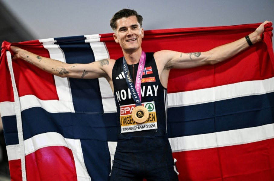Norway's Jakob Ingebrigtsen celebrates after winning the men's 5,000m at the European Athletics Championships