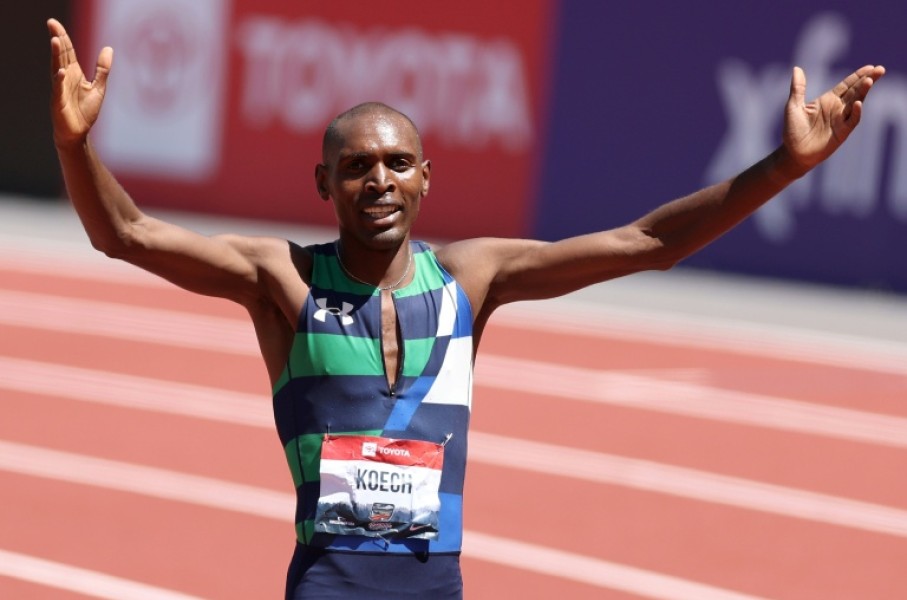 Kenyan-born US runner Jonah Koech was issued a three-year ban for blood doping by the US Anti-Doping Agency and stripped of the 2025 US 1,500-meter title he is shown celebrating