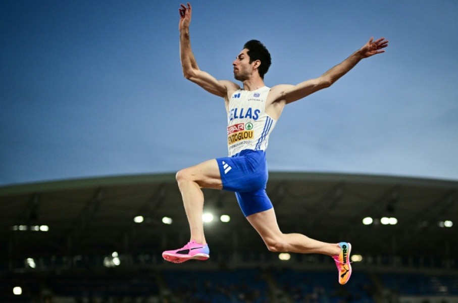 Greece's Miltiadis Tentoglou en route to victory in the European long jump