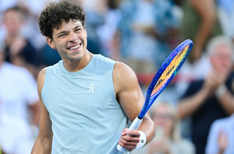 Defending champion Ben Shelton of the United States celebrates a quarter-final victory over Czech Jakub Mensik at the ATP Montreal Masters