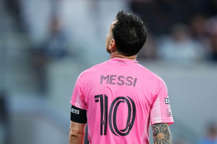 Inter Miami's Argentine superstar Lionel Messi reacts during their Leagues Cup loss to Mexican club Leon