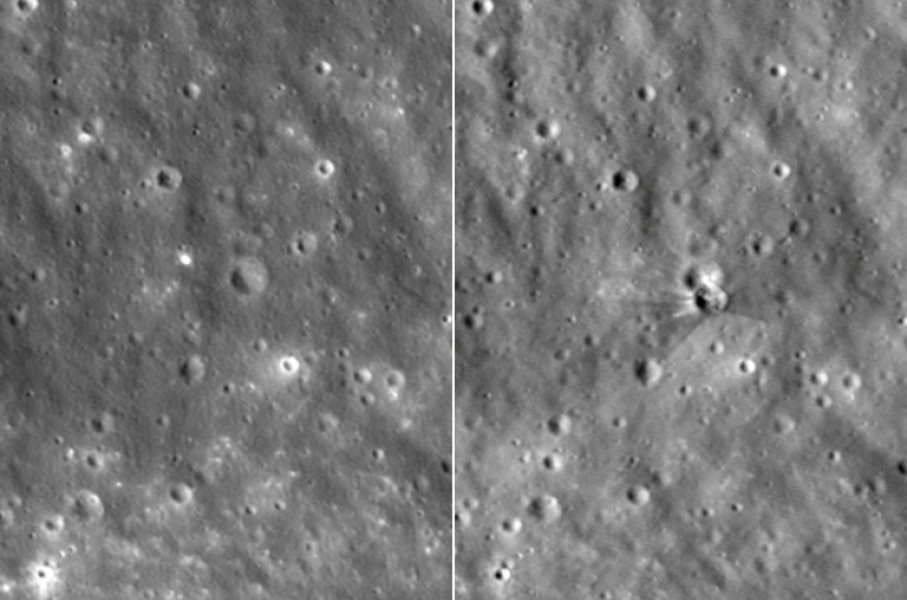 The moon's surface before (L) and after (R) it was struck by a SpaceX rocket leaving a crater that is 60 feet wide and 10 feet deep