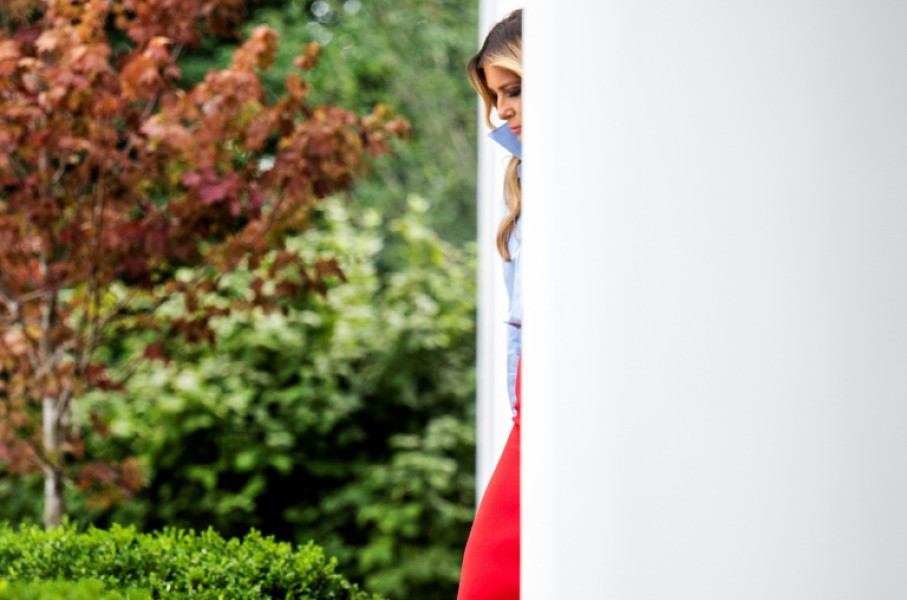US First Lady Melania Trump arrives to host an event in the Rose Garden of the White House, in Washington, DC, on August 20, 2026, her first public appearance in a month