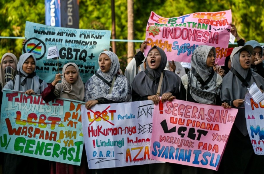 Protesters take part in an anti-LGBTQ rally organised by pro-Islamic organisations in Surabaya on August 9, 2026