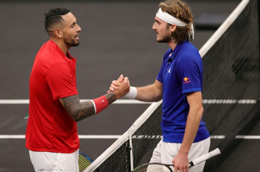 Stefanos Tsitsipas (R) and Nick Kyrgios faced off in the 2021 Laver Cup
