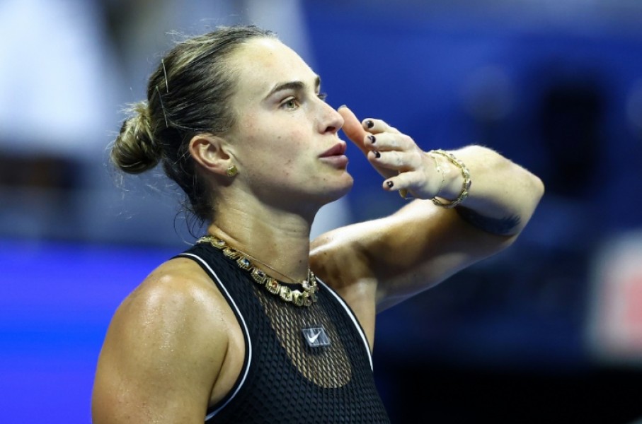 Belarus's Aryna Sabalenka celebrates after defeating Russia's Polina Iatcenko to advance to the third round of the US Open