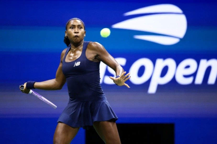 Coco Gauff strikes a forehand on the way to a straight-set win over fellow American Iva Jovic to reach the quarter-finals of the US Open
