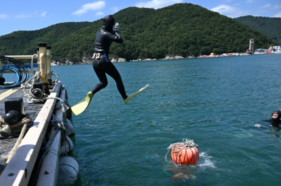South Korean haenyeo Jin So-hee dives into the sea in the South Korean coastal town of Geoje