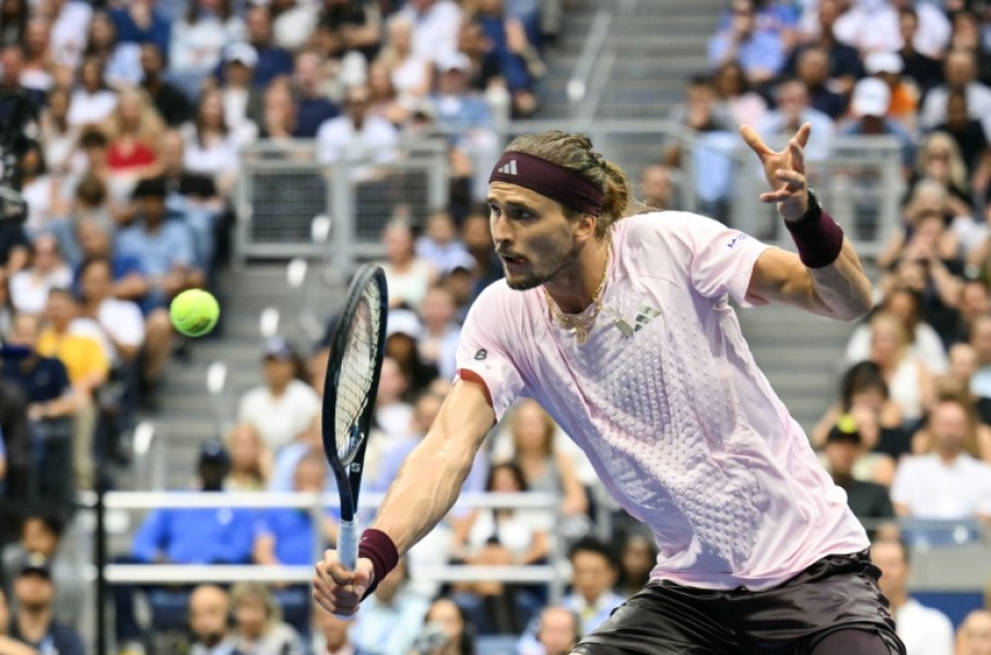 Germany's Alexander Zverev belts a backhand in his US Open victory over Ben Shelton