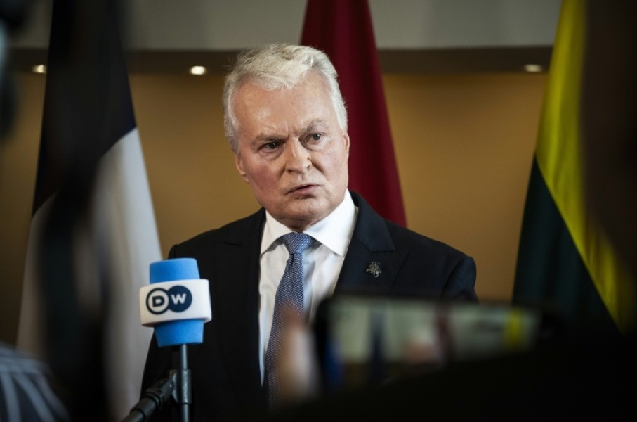 Lithuania's President Gitanas Nauseda speaks with journalists at the Arktikum science centre during The European Arctic Summit in Rovaniemi, Finland, on September 14, 2026