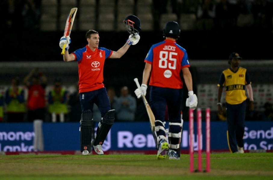 England captain Harry Brook celebrates his century during the first T20 against Sri Lanka at Southampton