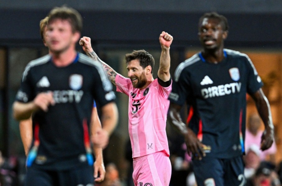 Lionel Messi celebrates after after scoring for Inter Miami but the MLS champions were frustrated in a 2-2 draw with San Diego