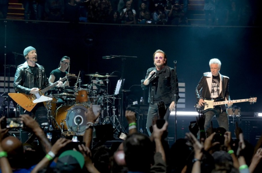 Irish rockers U2 - comprising Bono, The Edge, Adam Clayton and Larry Mullen Jr. - perform at The Forum in Inglewood, California in 2018
