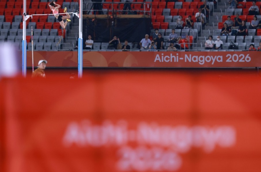 Japan's Misaki Morota on her way to women's pole vault gold on Friday, watched by a sparse crowd at the Mizuho Park Athletics Stadium in Nagoya