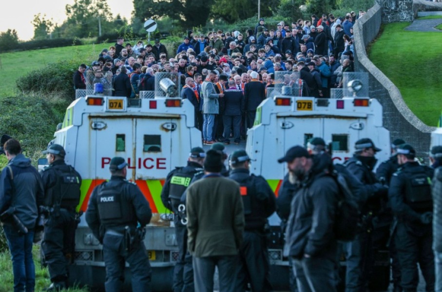 Portadown Orangemen and supporters gathered at a church after being stopped by police from marching to Garvaghy Road in Portadown, Northern Ireland