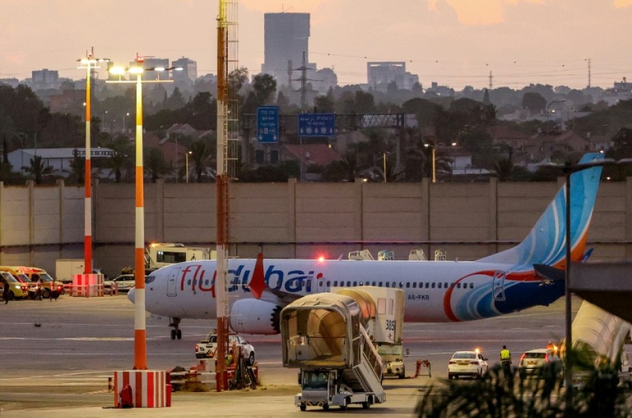 A flydubai Boeing 737 MAX 8 aircraft is pictured on the tarmac after landing at Israel's Ben Gurion Airport on Wednesday