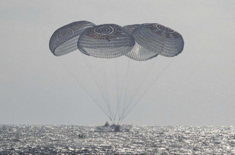 This picture provided by NASA shows Crew-12 landing in the Pacific Ocean off the coast of Los Angeles on October 8, 2026