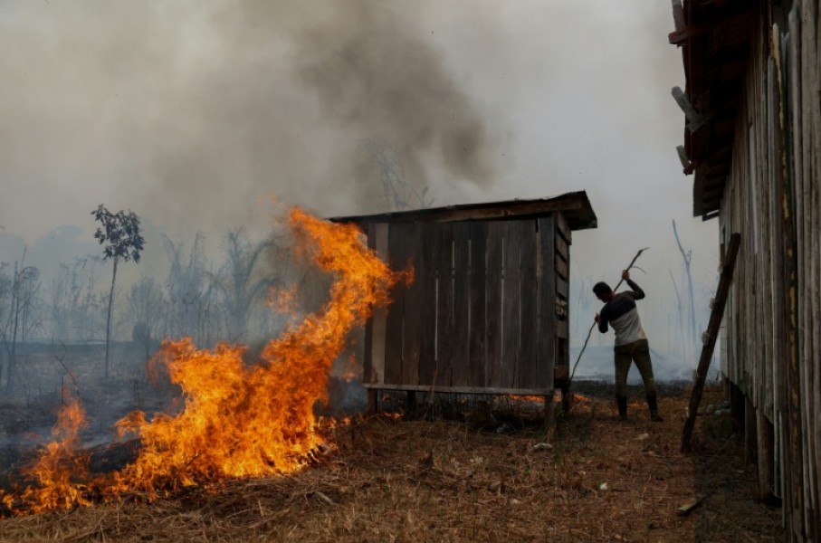 A man tries to contain a forest fire in Amazonas, Brazil