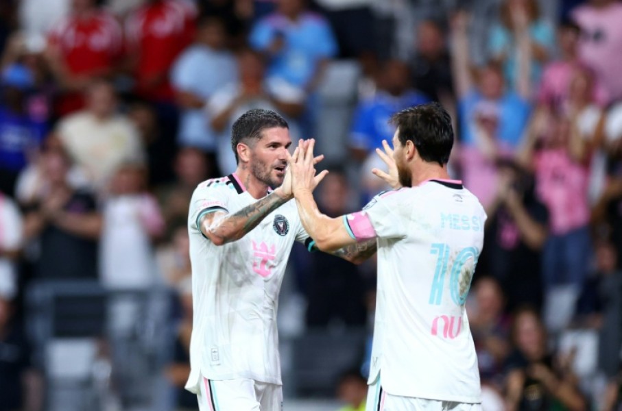 Rodrigo De Paul celebrates scoring a goal set up by Inter Miami teammate Lionel Messi