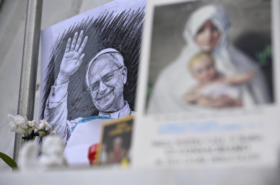 A drawing of Pope Leo XIV outside the Gemelli University Hospital, where the pontiff is recovering from surgery to remove a cancerous lung tumour