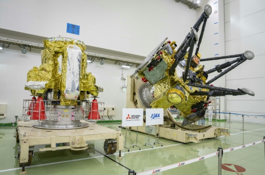 Two modules that make up the Martian Moons eXploration (MMX) spacecraft, which launched on October 20, 2026, are seen at the Tanegashima Space Center in Japan's Kagoshima prefecture two months prior to the launch