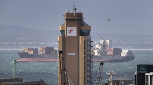 File: A ship moors outside Cape Town harbour, behind the harbour-control tower of Transnet, the State-owned Transport/Logistics company.