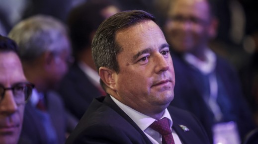 DA leader John Steenhuisen looks on while waiting for the beginning of the official announcement of the South African general election results. AFP/Phill Magakoe