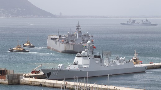 A general view of (L-R) the Chinese guided-missile destroyer Tangshan (Hull 122), the Iranian navy ship, the IRIS Makran 441, Chinese comprehensive supply ship Taihu (Hull 889) in the Simon's Town harbour, near Cape Town, on January 8, 2026.