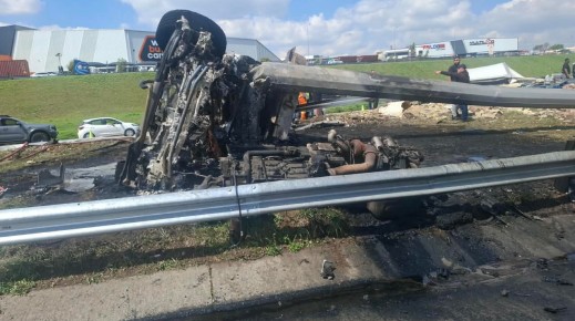 A male truck driver survived accident after the truck he was driving jack-knifed and caught fire. Photo supplied.