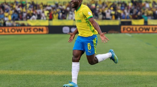 Aubrey Modiba celebrates scoring for Mamelodi Sundowns against FAR Rabat in the CAF Champions final first leg.