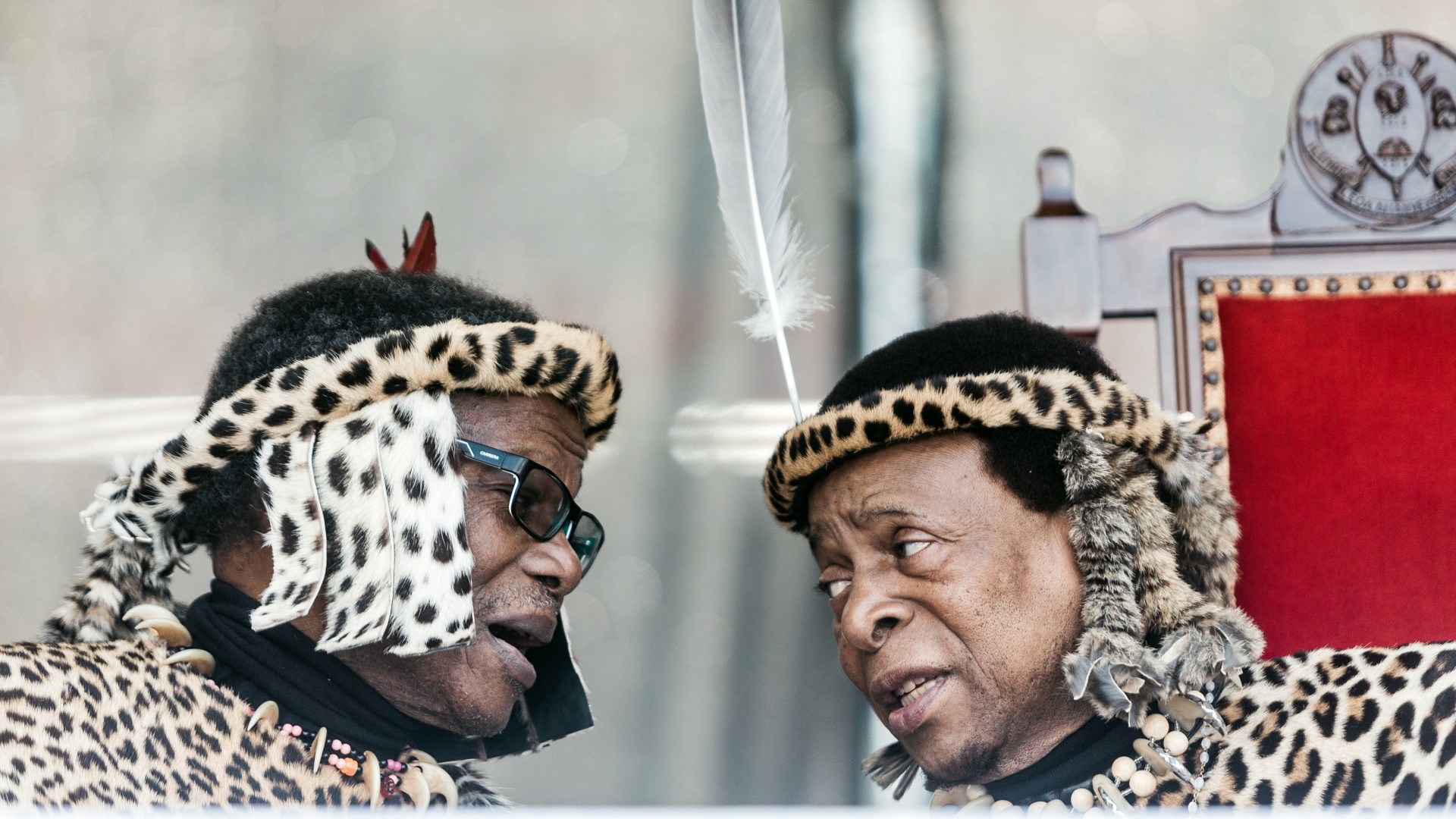 Inkatha Freedom Party ( IFP) leader Prince Mangosuthu Buthelezi (L) and Zulu King Goodwill Zwelithini (R) chat at The Moses Mabhida Football Stadium in Durban on October 7, 2018, during Umkhosi Welembe, an annual commemoration of Zulu King Shaka ka Senzangakhona, a revered military strategist who united the tribes to form the Zulu Nation.