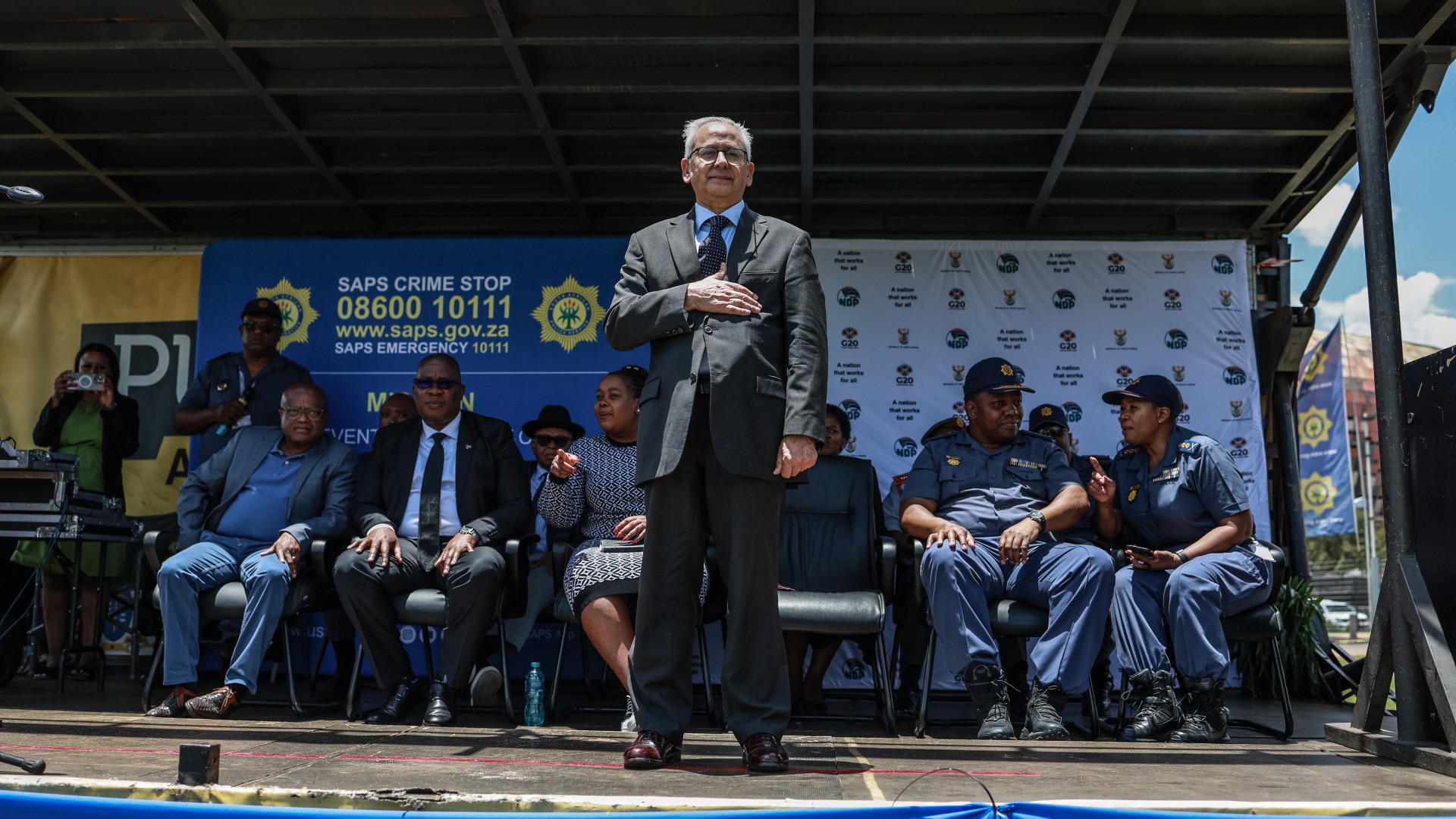 Members of the Johannesburg Metro Police Department (JMPD) march during the Integrated Law Enforcement parade near the Nasrec Expo Centre in Johannesburg, on November 19, 2025.