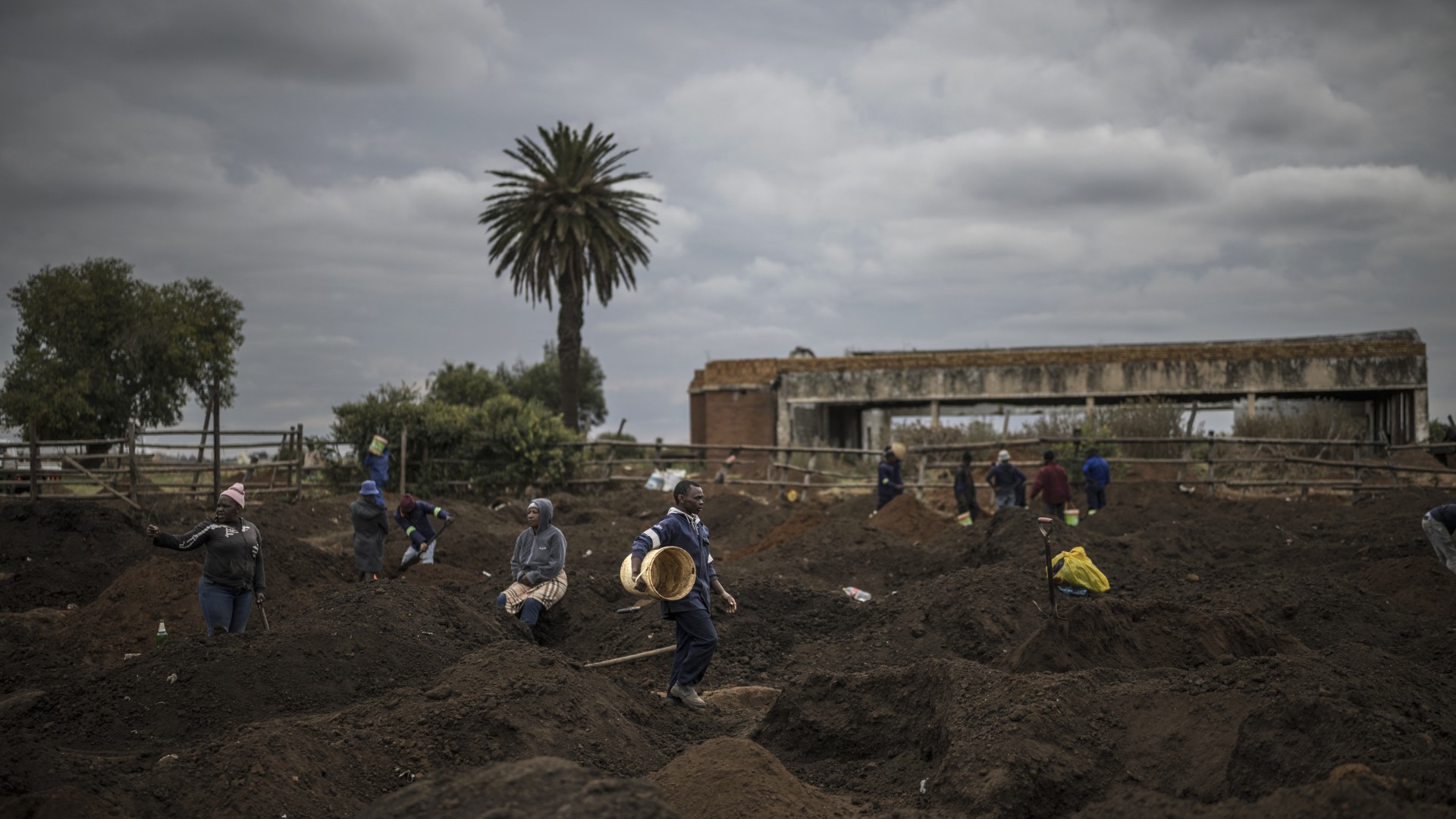 A man carries an empty bucket in a patch of land where artisanal miners look for gold outside Springs, Ekurhuleni, on February 15, 2026.