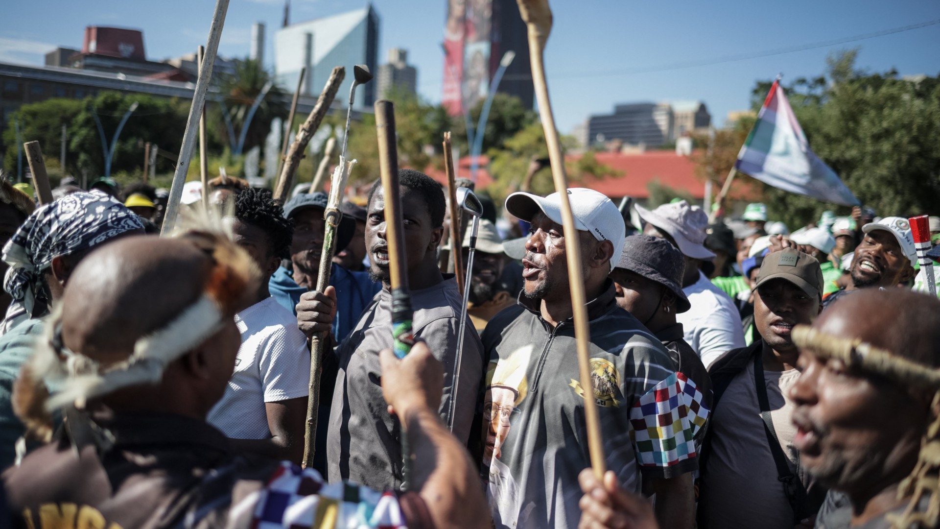 Protestors gather during a protest march against undocumented migrants organised by “March and March” in Johannesburg on April 29, 2026.