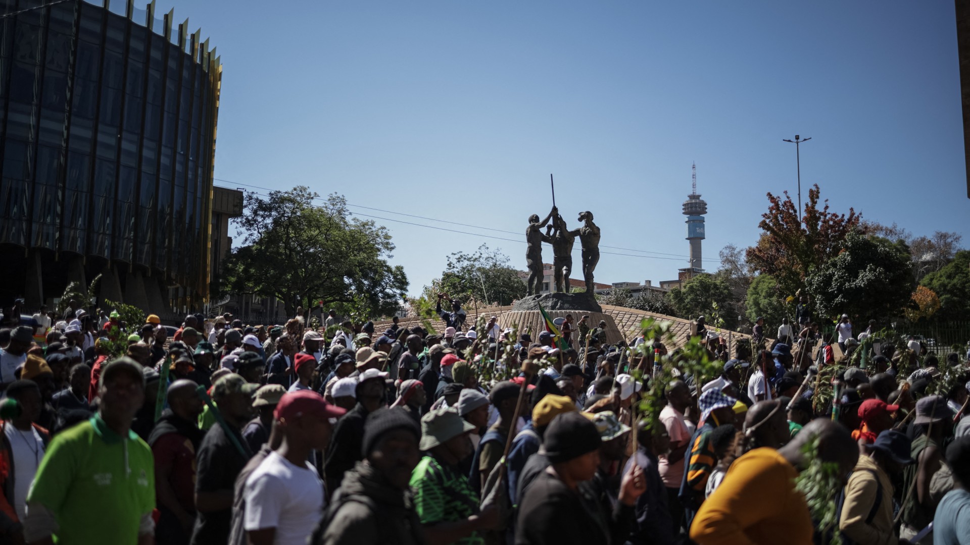 A general view of the Hillbrow tower as protestors gather during a protest march against undocumented migrants organised by “March and March” in Johannesburg on April 29, 2026.