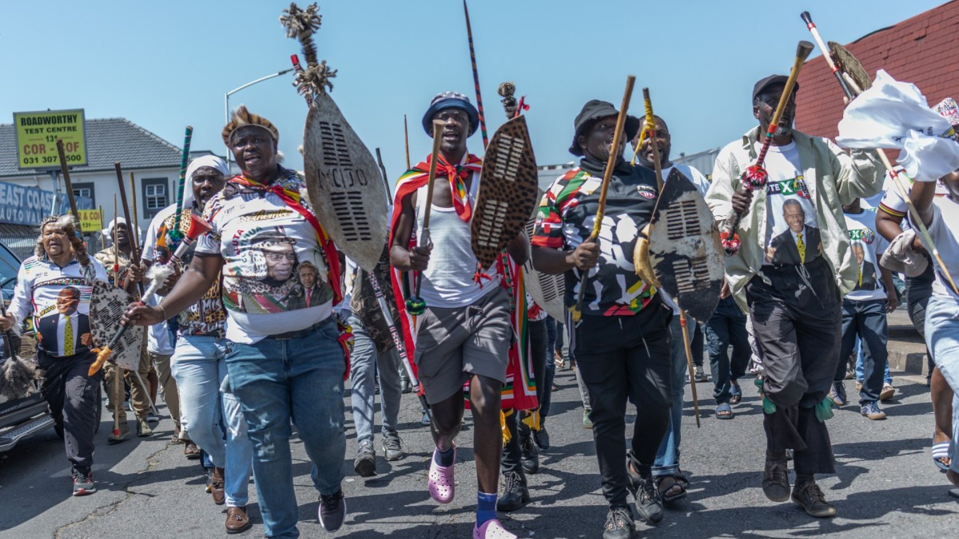 Protestors from the anti-illegal immigration group, March and March Movement chant slogans and march outside the Department of Home Affairs Refugee Reception Centre during a demonstration at the Che Guevara Road in Durban, on October 8, 2026.