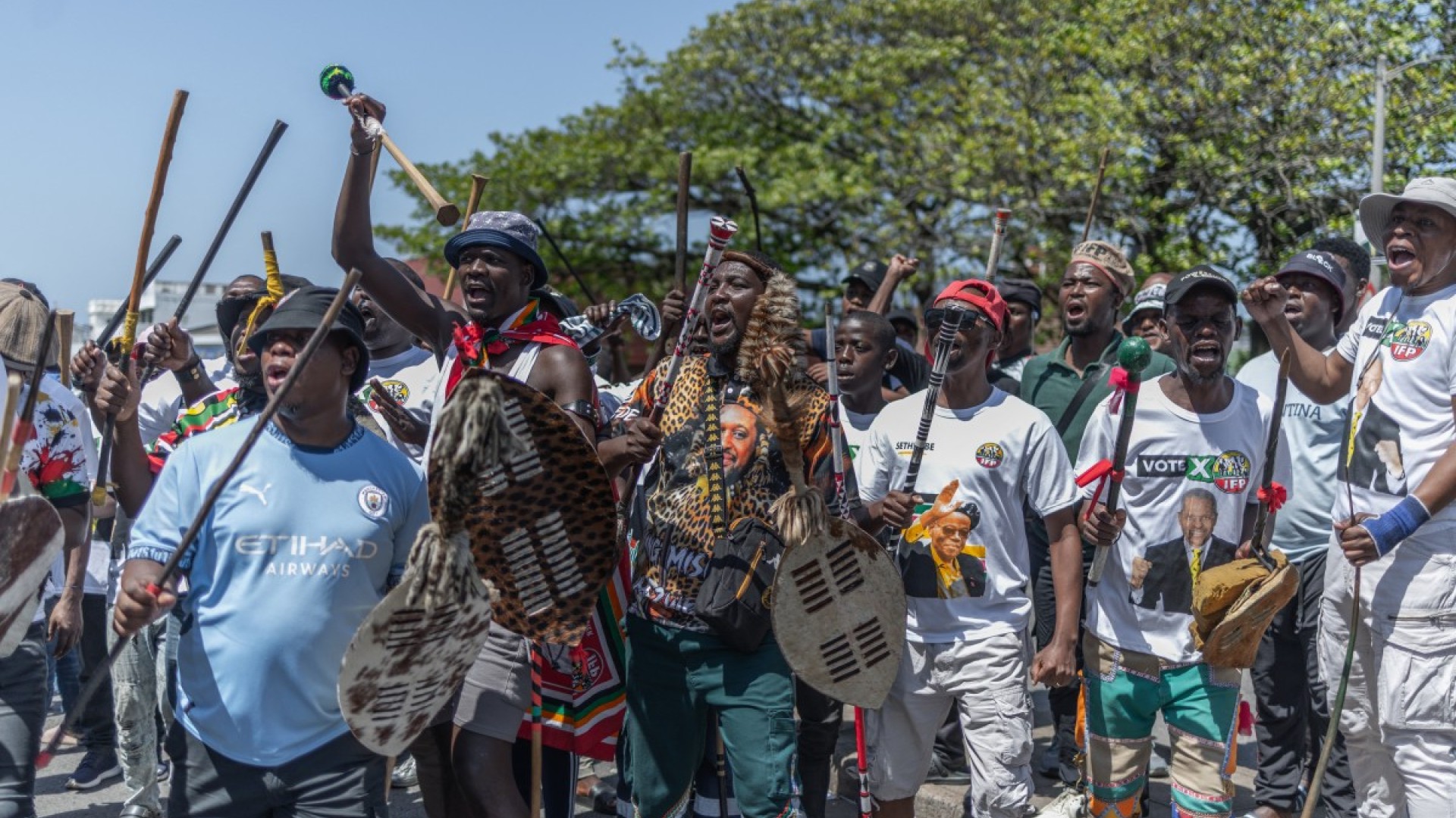 Protestors from the anti-illegal immigration group, March and March Movement chant slogans and march outside the Department of Home Affairs Refugee Reception Centre during a demonstration at the Che Guevara Road in Durban, on October 8, 2026.