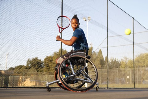 File:  Wheelchair tennis player Kgothatso Montjane. Phill Magakoe / AFP