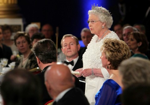 Elizabeth's white silk dress, worn for a state dinner on a visit to Ireland in 2011, was embellished with more than 2,000 silk shamrocks